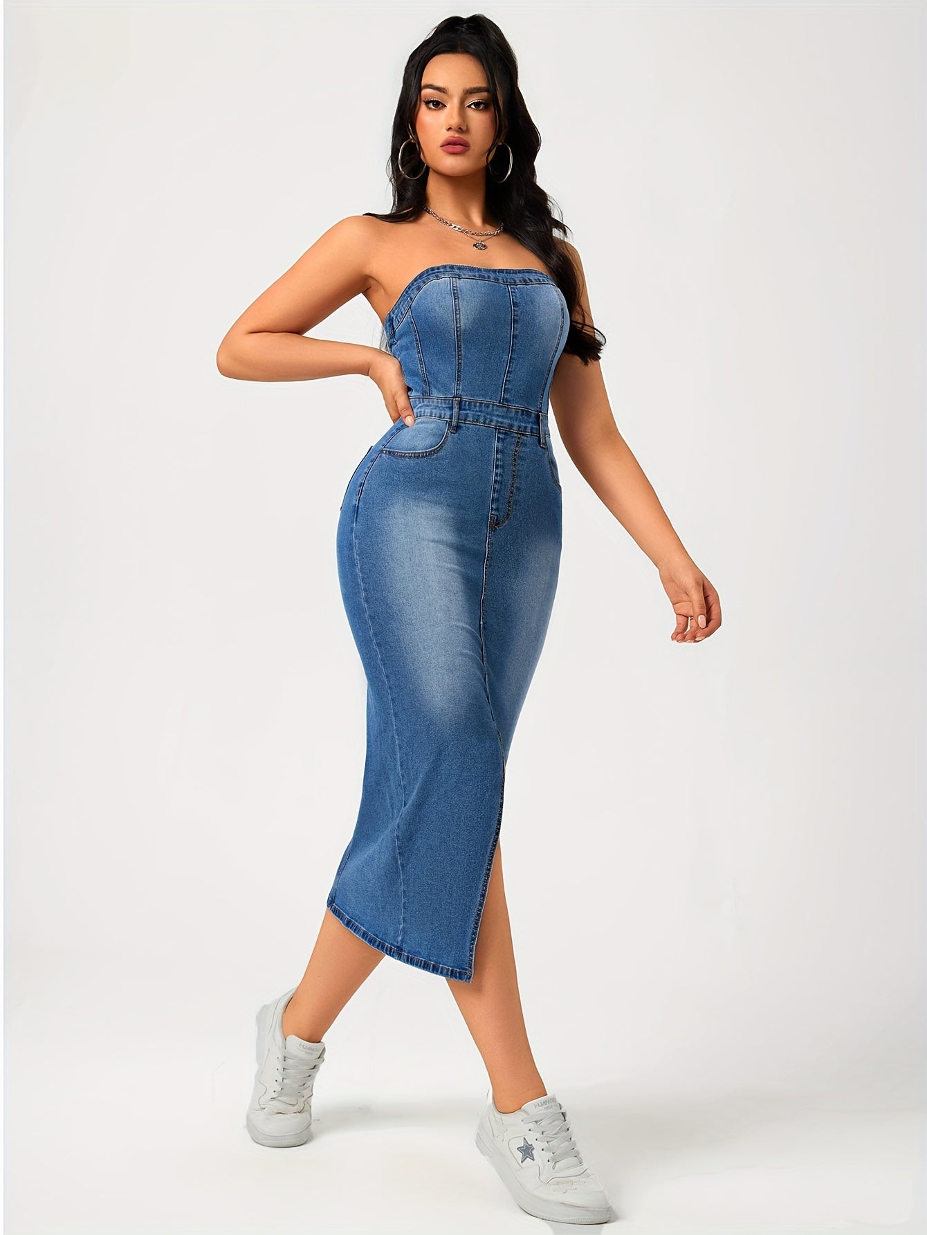 Plain Washed Blue Split Front Bandeau Zipper Bodycon Midi Denim Dress, Women's Denim Jeans & Clothing