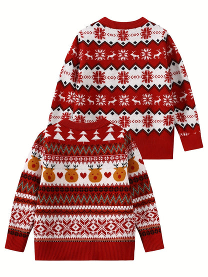 2Pcs, Autumn And Winter New Children's Christmas Knit Sweater Children's Holiday Round Neck Knitted Sweater