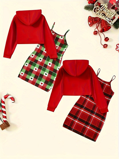 Girls' Festive Christmas Outfit Set - Cozy Hoodie & Plaid Dress with Merry Print, Perfect for Fall/Winter