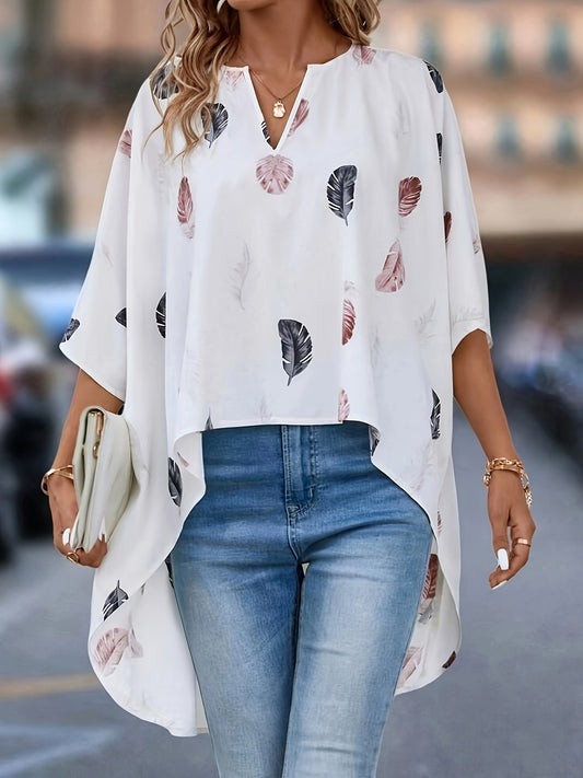 Feather Grace Blouse - Fashionable High Low Hem with Charming Print - Sophisticated Notched Neck & Half Sleeves - Perfect for Spring & Fall - Womens Elegant Wardrobe Staple