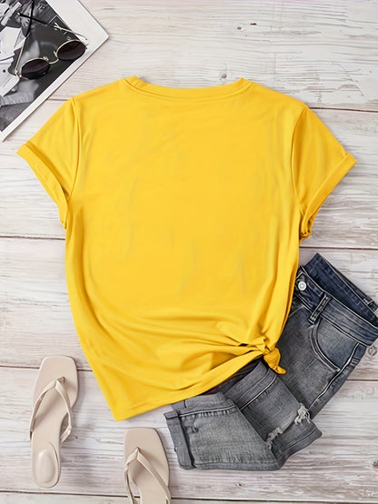 Vibrant Dandelion Print Crew Neck T-Shirt - Soft Micro Elasticity Polyester Fabric, Casual Short Sleeve Top for Spring & Summer, Womens Regular Fit Clothing with Random Plant Pattern