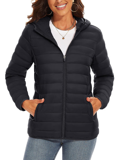 Water Resistant Quilted Hooded Puffer Jacket - Women's Lightweight Windproof Winter Coat for Hiking Camping Outdoor - 4 Pockets Casual Solid Warm Fall Tops with Zip-up Design and Padded Insulation