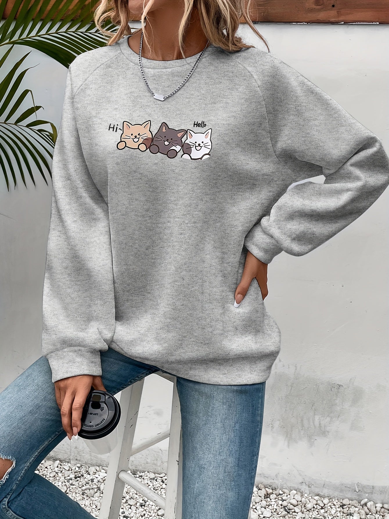 Cozy Fall/Winter Cat Print Sweatshirt - Easy-Care, Micro-Elastic, Casual Style for Women