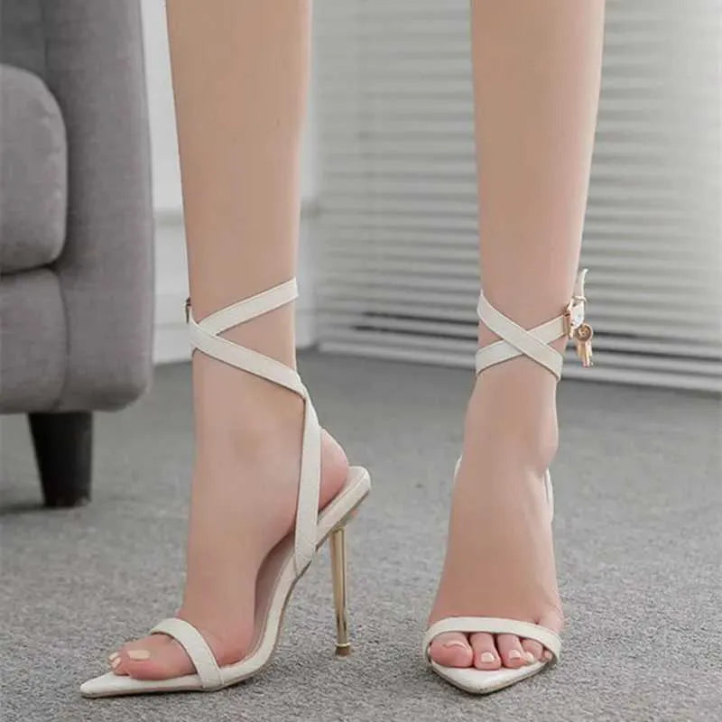 Dress Shoes Ankle Strap Womens High Heels Sandals Pointed Open Toe Metal Lock Fine Heeled Women Party Sandalias De Mujer H240430