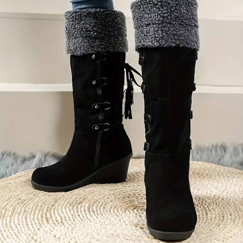 Stylish Plush Lined Wedge Heeled Boots - Knee-High Comfortable Dress Boots with Slip-On Design and Soft Inners for Women - Perfect for Casual and Formal Occasions