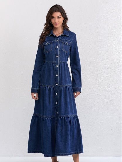 Plain Washed Blue Button Up Ruffled Long Sleeve Elegant Maxi Denim Dress, Women's Denim Jeans & Clothing