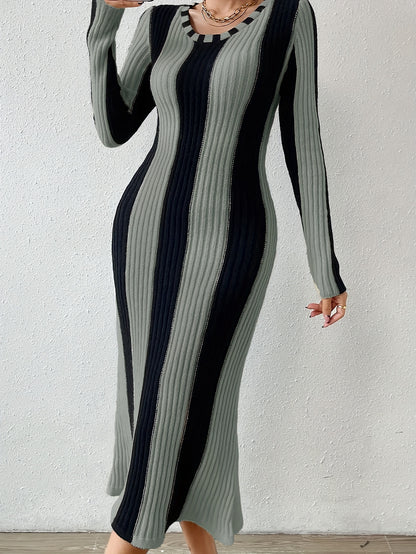 Vibrant Striped V-Neck Midi Dress - Elegant Long Sleeve, Bodycon Sheath Design, Comfortable Spring & Fall Essential, Women's Formal Clothing for Work, Date Night or Special Occasions