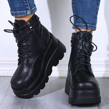 Low Heel Platform Ankle Boots for Women - Chunky Goth Round Toe Zipper Combat Boots with Casual Solid Color Design - Polyurethane Synthetic Leather, All-Season Wear