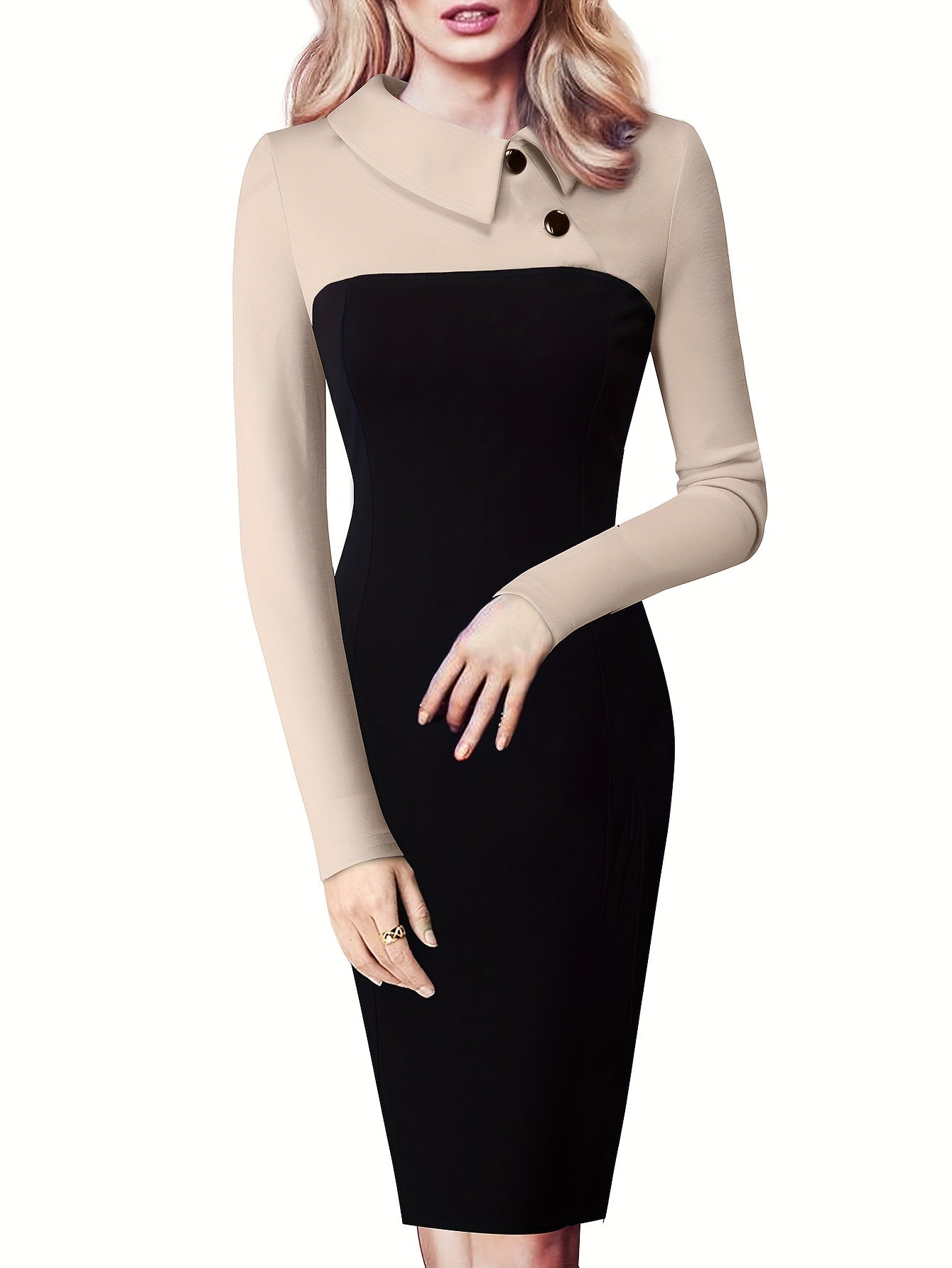 Button Front Colorblock Bodycon Dress, Elegant Long Sleeve Dress For Spring & Fall, Women's Clothing