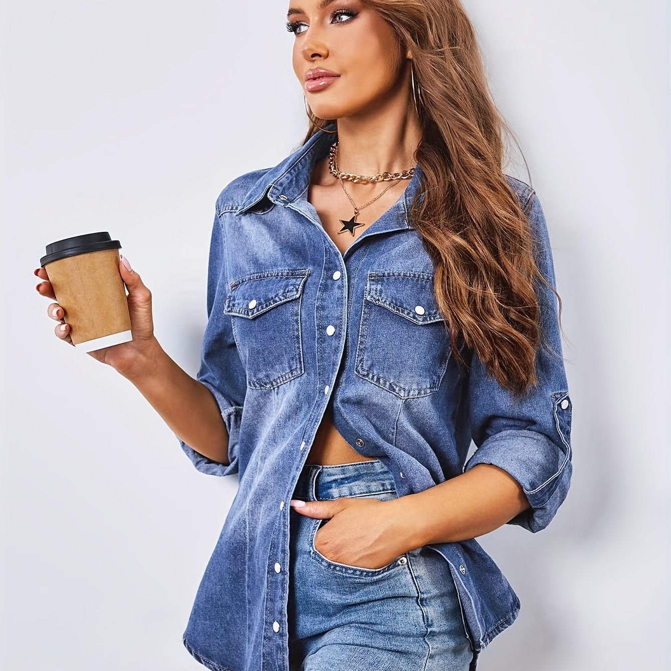 Casual Style Washed Blue Button Up Long Sleeve Denim Shirts Top, Women's Denim Jeans & Clothing