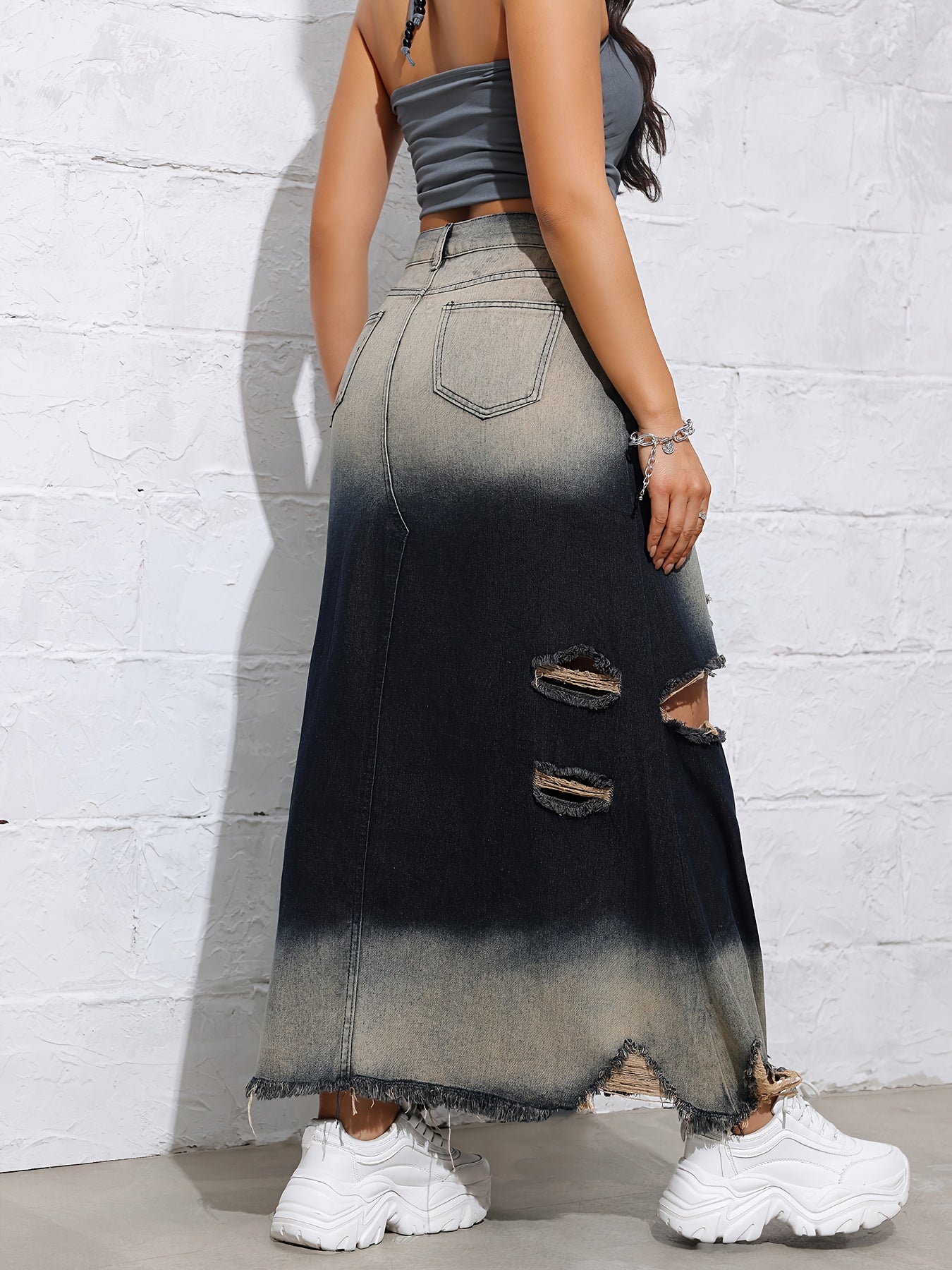 High-Waisted A-Line Long Jean Midi Skirt - Distressed Denim with Frayed Hem, Ripped Details, Retro Style, Casual Streetwear for Fall, Comfortable and Flattering Fit