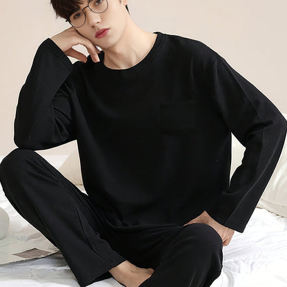 Men's Simple Style Cotton Casual Pajamas Sets, Solid Long Sleeve Crew Neck Top & Loose Pants Lounge Wear, Outdoor Sets For Spring Autumn