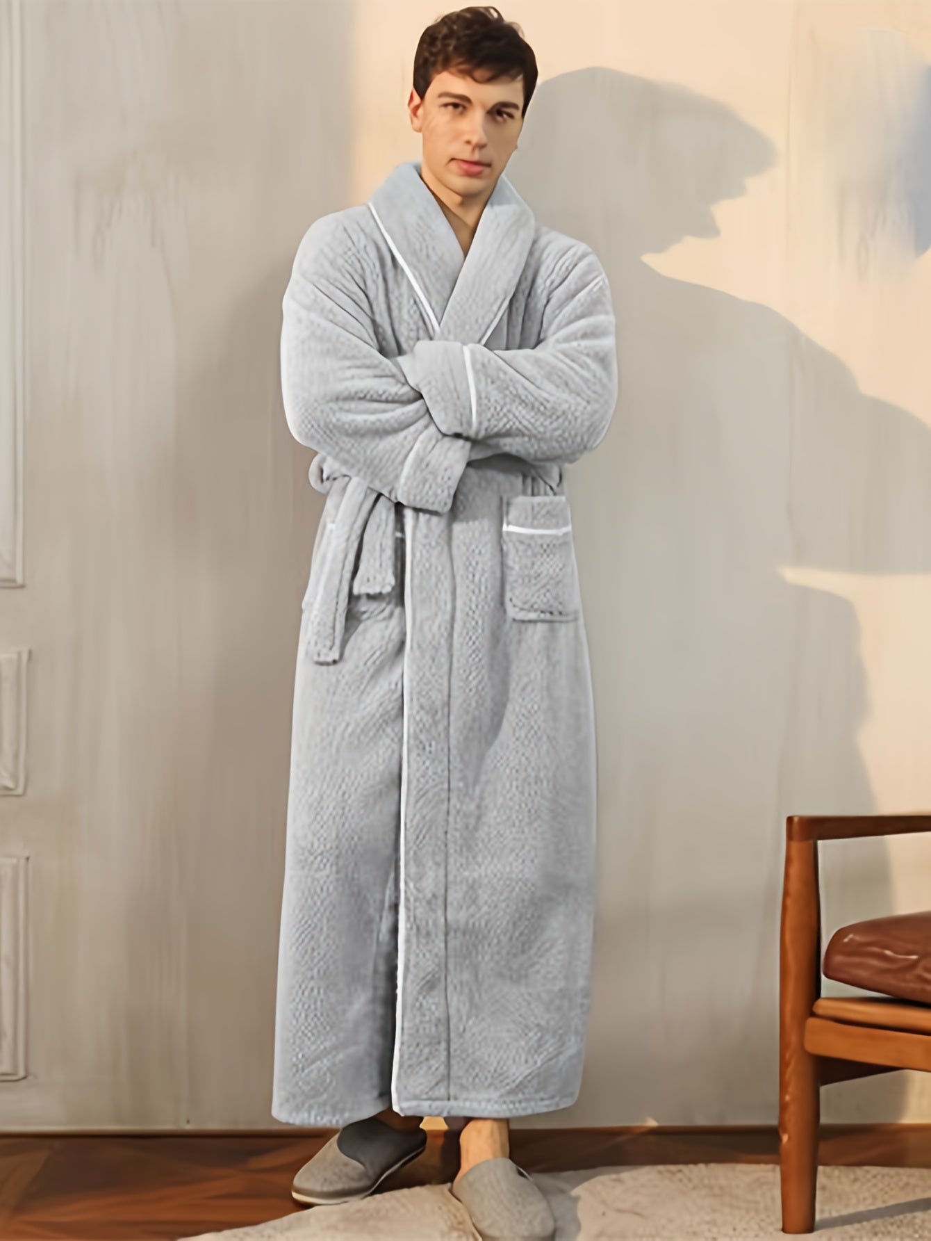 Cozy Fleece Bathrobe for Men - Soft, Thick & Warm Pajama Robe with V-Neck, Perfect for Fall/Winter | Machine Washable