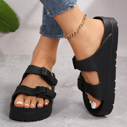 Low Heel Adjustable Double Buckle Strappy Back EVA Sandals - Comfortable Arch Support, Waterproof, Fashionable, and Breathable - Perfect for Beach, Summer, and Casual Occasions