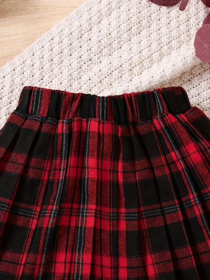 Chic Red Plaid Pleated Skirt for Girls - Perfect Christmas & Birthday Gift, Versatile Preppy Style, Machine Washable