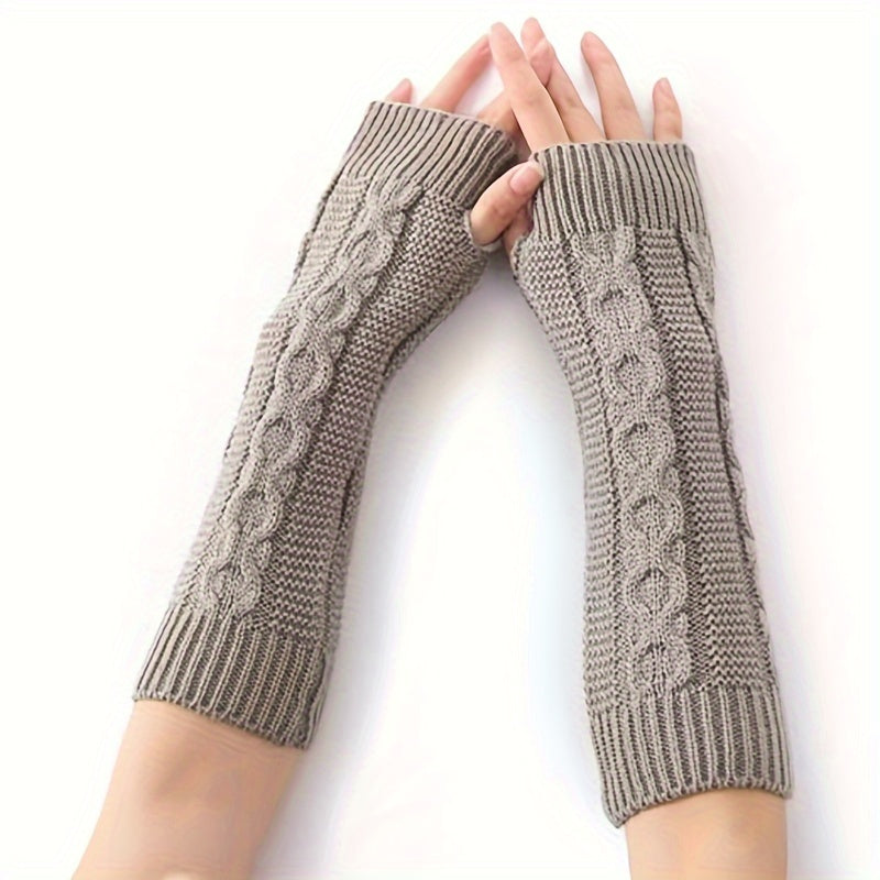 Solid Color Twist Knitted Gloves Long Fingerless Stretchy Sleeves With Thumb Hole Winter Outdoor Coldproof Warm Women's Gloves