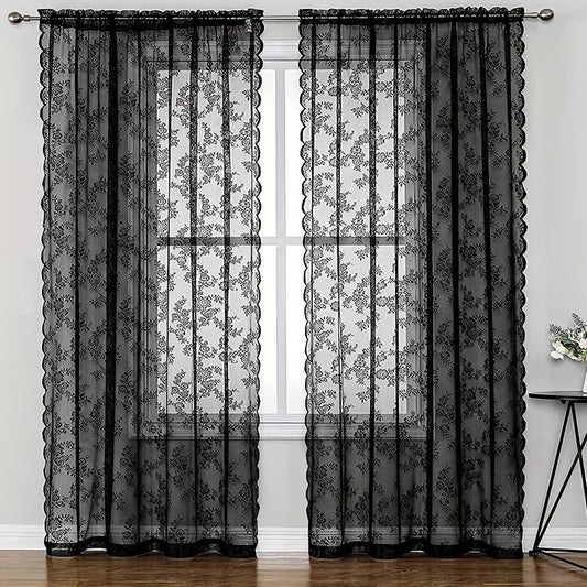 1PC Luxurious Black and White Gothic Floral Lace Curtain - Elegant Vintage Window Treatment with Rod Pocket for Bedroom, Office, Kitchen, Living Room, Study - Adds a Touch of Whimsy to Your Home Decor