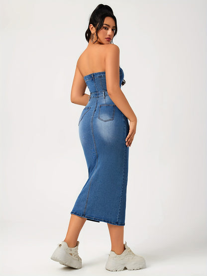 Plain Washed Blue Split Front Bandeau Zipper Bodycon Midi Denim Dress, Women's Denim Jeans & Clothing