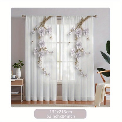 2pcs Flower Printed Yarn Curtain, Rod Pocket Window Treatment For Bedroom Office Kitchen Living Room Study Home Decor