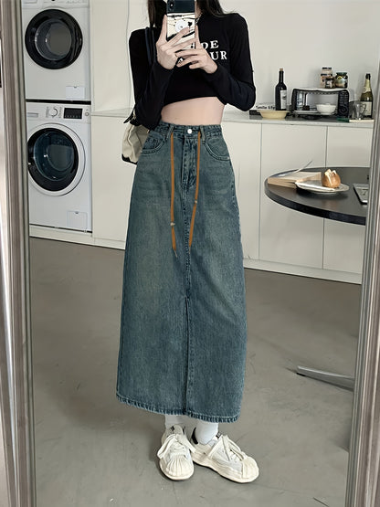 High Waist Split Denim Skirt, Slant Pockets Retro Style Denim Skirt, Women's Denim Clothing