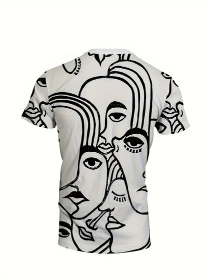 Men's Trendy Casual Comfy Tees & Shorts, Graffiti Portrait Graphic Print Crew Neck Short Sleeve T-shirt & Loose Shorts Home Pajamas Sets, Outdoor Sets For Summer