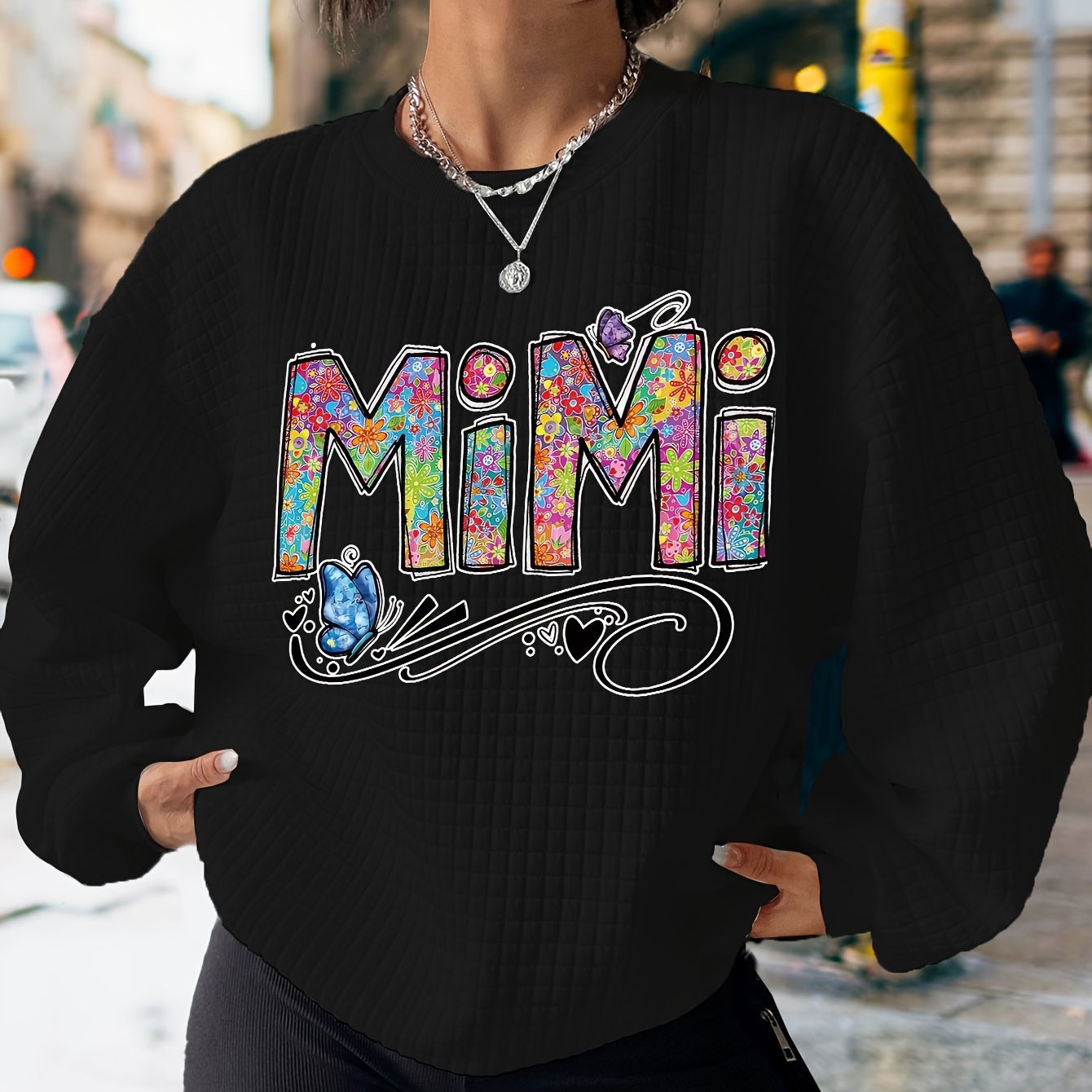 MIMI Chic Waffle Print Crew Neck Sweatshirt - Soft, Cozy, Long Sleeve, Casual, Women's Fashion Clothing for Daily Wear - High-Quality Fabric, Relaxed Fit, Easy Care