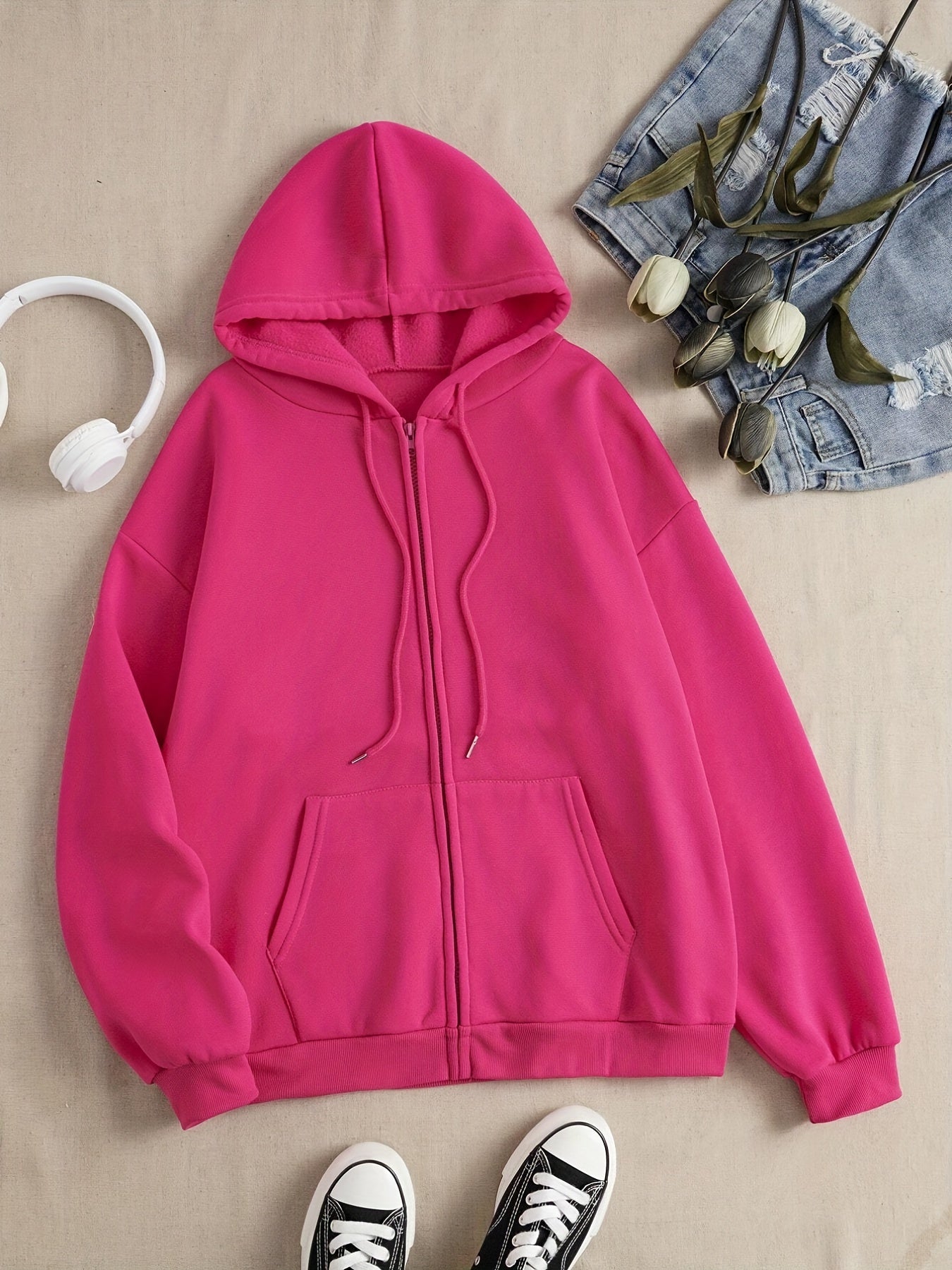 Cozy Long Sleeve Solid Color Hoodie - Soft Micro Elasticity Polyester Fabric, Drawstring Hood, Two Pockets, Machine Washable - Perfect for Spring and Fall Casual Wear