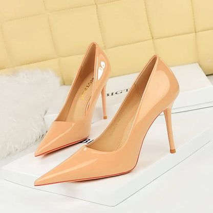 Fashionable high heels patent leather shallow mouthed pointed womens shoes high heels single shoes womens free shipping