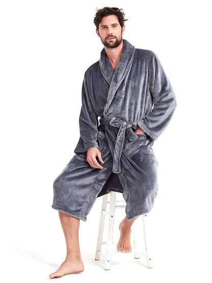 Men's Plush Flannel V-Neck Robe - All-Season Comfort, Stretch Fit, Solid Color, Sizes S-XXL