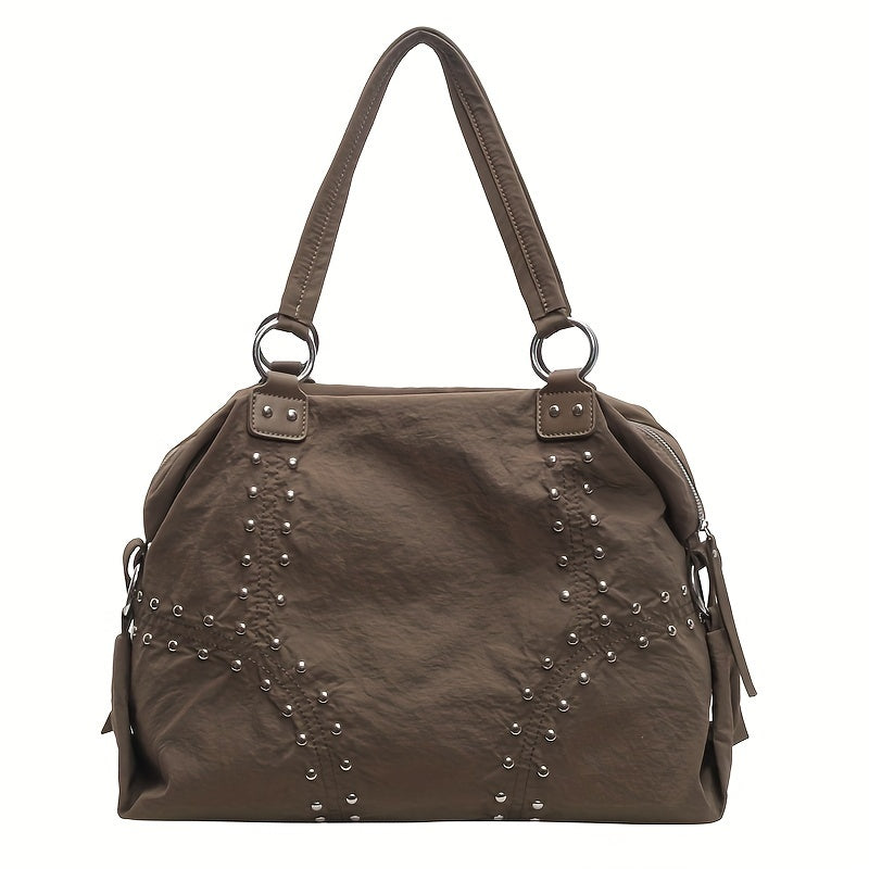 Nylon Tote Bag with Studded Detailing, Casual Large Capacity Shoulder Bag for Work and Everyday Use, Zippered Closure with Fixed Shoulder Straps, Polyester Lined - Baigou, Available in White, Black, Green, Coffee