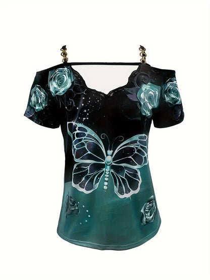 Charming Butterfly Print T-Shirt with Lace Trim & Chain Strap - Sexy Short Sleeve for Spring & Summer - Fashionable Womens Clothing for Warm Weather