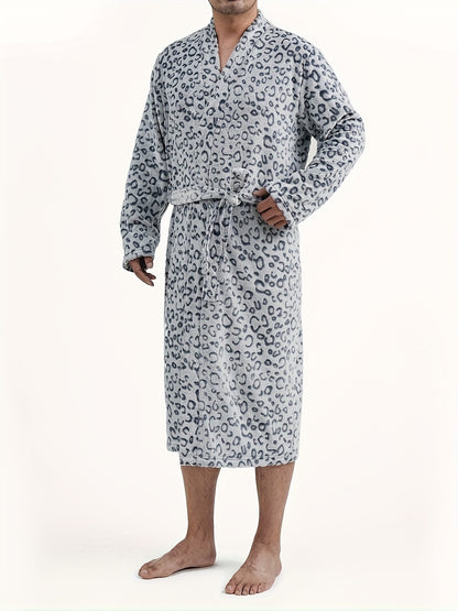 Men's Comfy Leopard Fleece Robe Home Pajamas Wear With Pocket, One-piece Lace Up Kimono Night-robe Warm Sets After Bath