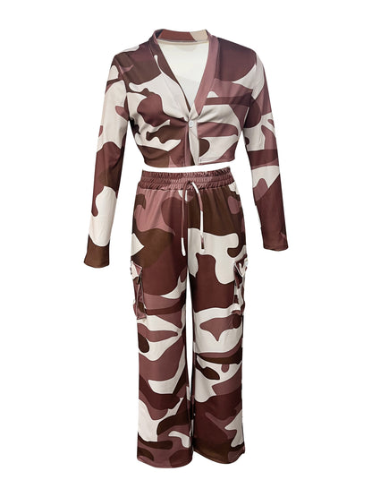 Fashionable Camouflage Print Womens Two-piece Set - Comfy Long Sleeve T-Shirt with Single Button & Drawstring Flap Pocket Pants - Casual Chic Outfit for Trendsetters