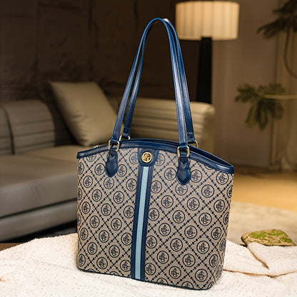 Casual Canvas Tote Bag with Embroidered Pattern, Blue Zippered Shoulder Bag with Fixed Straps, Polyester Lined Sling Bag from Guangzhou - Do Not Wash