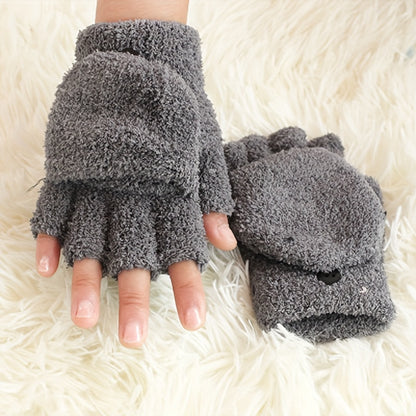 2 Pair Coral Fleece Flip Half-finger Gloves, Simple Cold-proof Writing Thicken Warm Gloves