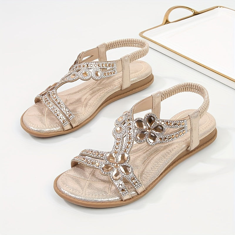 Boho-Chic Rhinestone-Embellished Flat Sandals - Elastic Slip-On Comfort for Casual Summer Days by the Beach