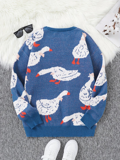 Mens Long Sleeve Cartoon Goose Pattern Crew Neck Sweater - Soft Slight Stretch Polyester Fabric, Regular Fit, Hand Washable - Perfect for Casual Daily Wear in Spring and Fall