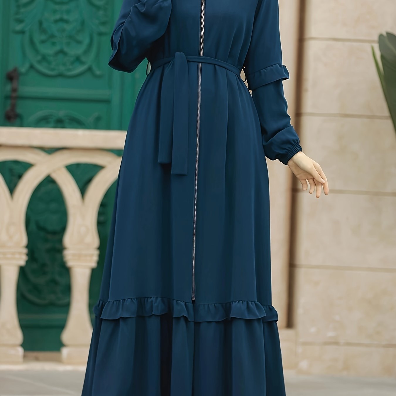 Elegant Modest Maxi Kaftan Dress - Long Sleeve, Tie-Waist with Chain Detail, Zip-Front, Durable All-Season Women's Fashion