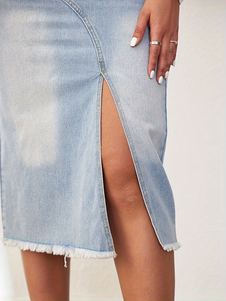 Raw Hem Split Stepped Waist Denim Skirt, Slash Pocket Asymmetric Casual Mini Denim Skirt, Women's Denim Jeans & Clothing