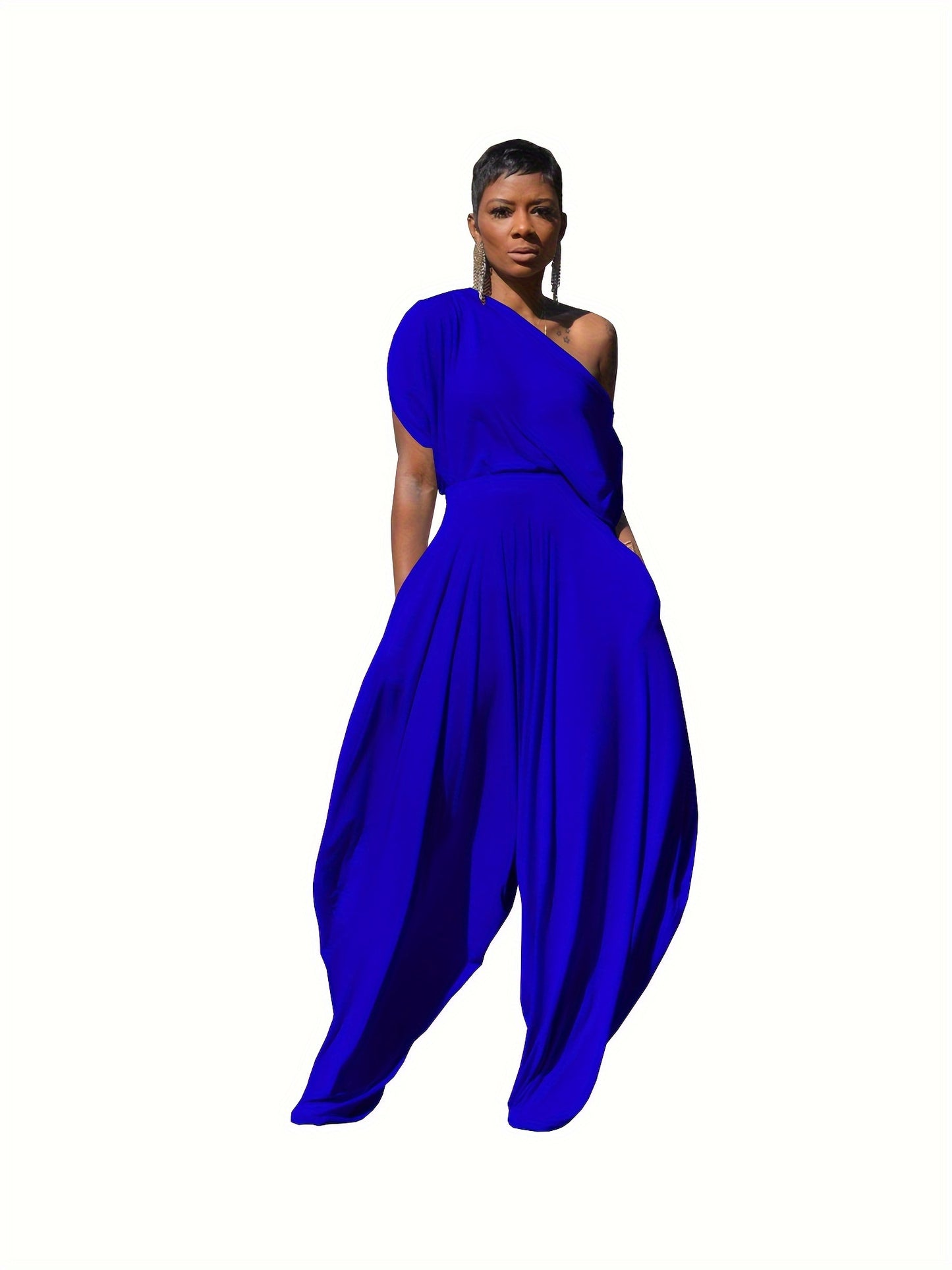 2-Piece Off Shoulder Hip Hop Womens Solid Color Polyester Knit Tracksuit - Comfortable Casual One Shoulder T-Shirt Top and Loose Haren Pants Set - Soft, Breathable, and Non-Elastic Fabric for All Seasons