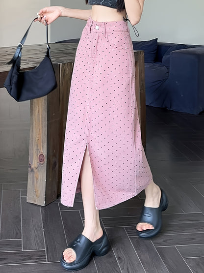 Pinkish Polka Dots High Waist Denim Skirt Women's Summer Fashion Design Split Hem Midi Denim Skirt