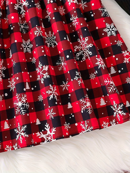 Girls' Casual Christmas Plaid Print Dress with Ruffle Sleeves, Crew Neck, and Snowflake Pattern, Polyester Knit Fabric, Fit and Flare Knee-Length Dress for All Seasons