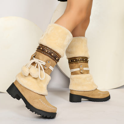 Cozy Winter Women's Snow Boots With Pom-Pom & Bowknot - Mid-Calf, Chunky Heel, Warm Fleece Lining, Non-Slip Rubber Sole For Outdoor Activities