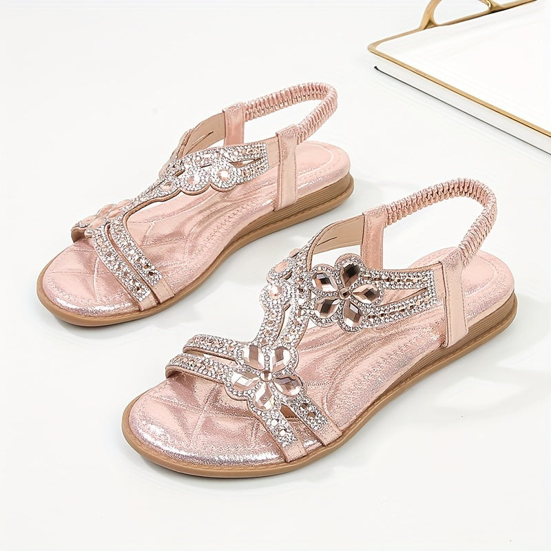 Boho-Chic Rhinestone-Embellished Flat Sandals - Elastic Slip-On Comfort for Casual Summer Days by the Beach