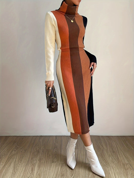 Vibrant Color Block Turtle Neck Knit Dress - Soft, Elegant, Simple, Long Sleeve, Slim Fit, Midi Length, Perfect for Spring & Fall - Women's Clothing for Everyday Wear