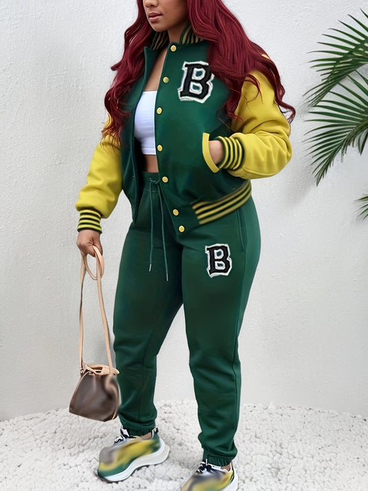 Fashionable Womens Two-Piece Set - Letter Pattern Varsity Jacket with Button Front & Drawstring Jogger Pants - Casual, Comfortable, and Versatile Outfit