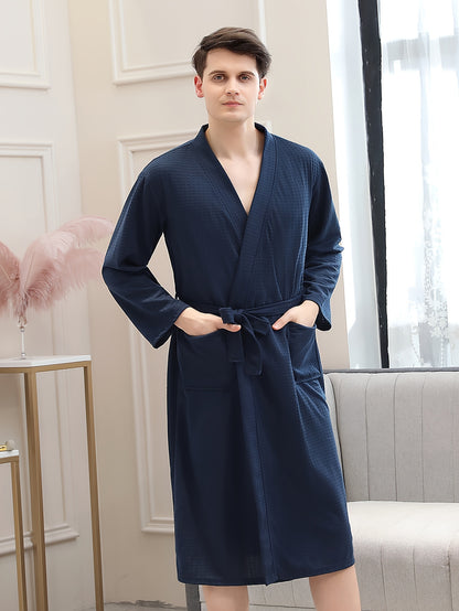 Men's Cozy Waffle-Knit V-Neck Robe with Pockets - Solid Color, Belted Kimono Style Sleepwear Set