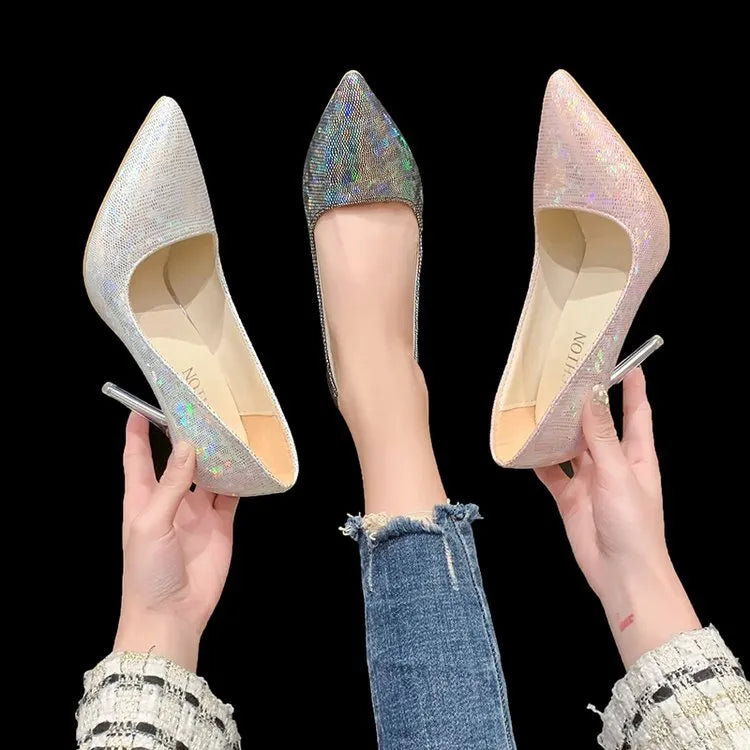 33-43 large size women's single shoes  new Korean pointed shallow mouth fine heel sequins single shoes