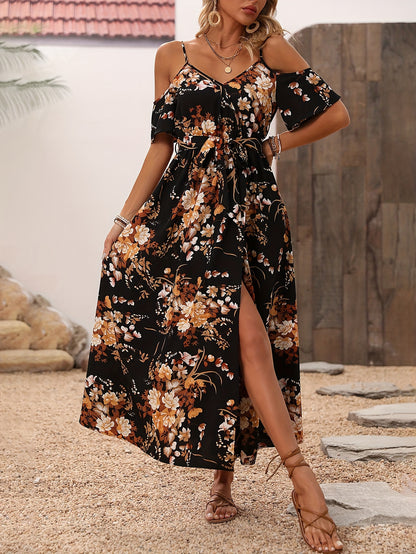 IKEARLAX Chic Floral Print Cold Shoulder Dress - Alluring Backless & Adjustable Spaghetti Strap - Refined Split Design - Light & Trendy Womens Clothing for Everyday Glamour