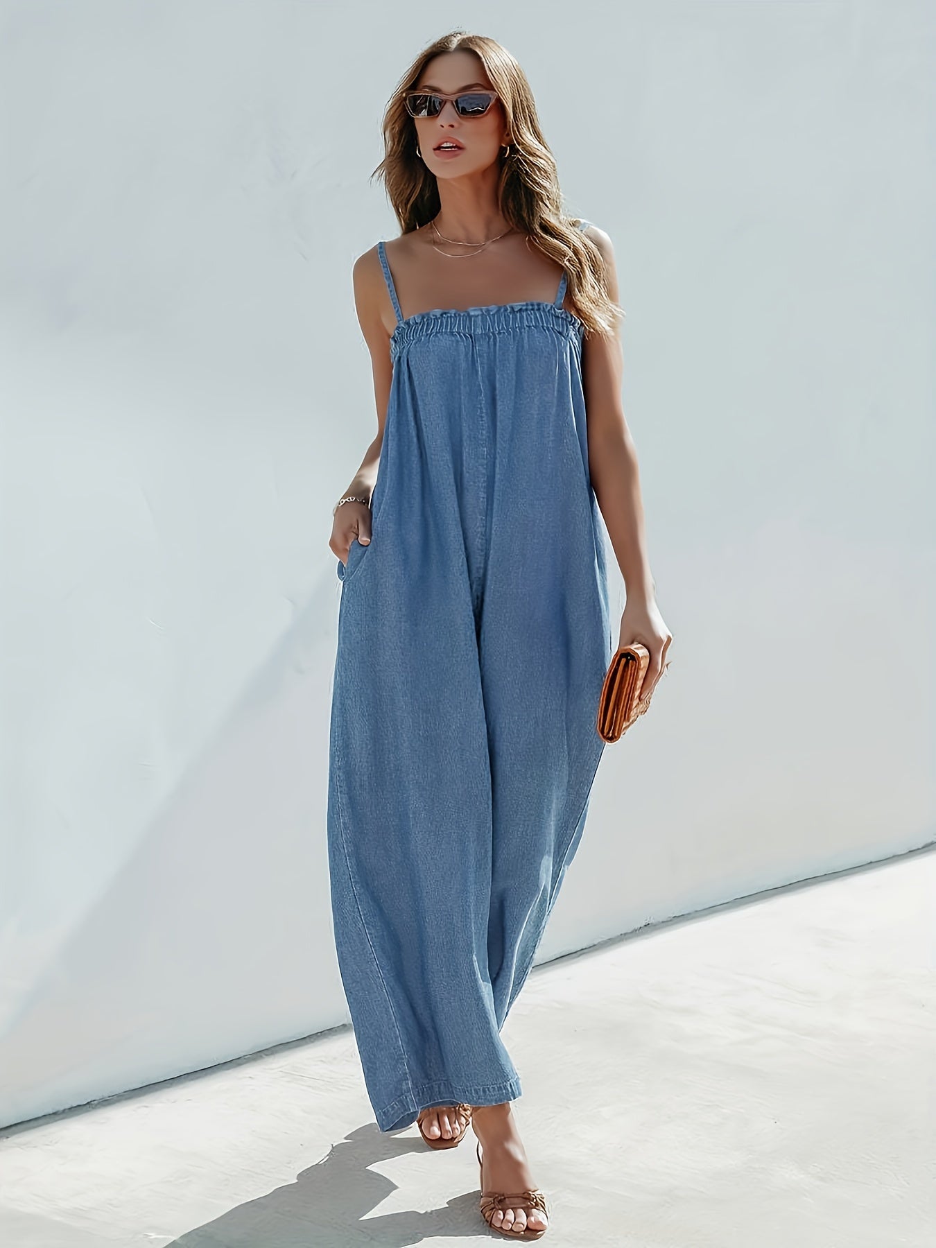 Plain Washed Blue Spaghetti Strap Loose Fit Vacay Style Denim Overalls Dungarees, Women's Denim Jeans & Clothing